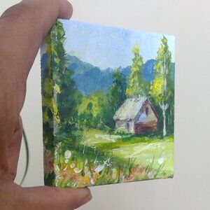 Miniature country landscape. Acrylic painting
